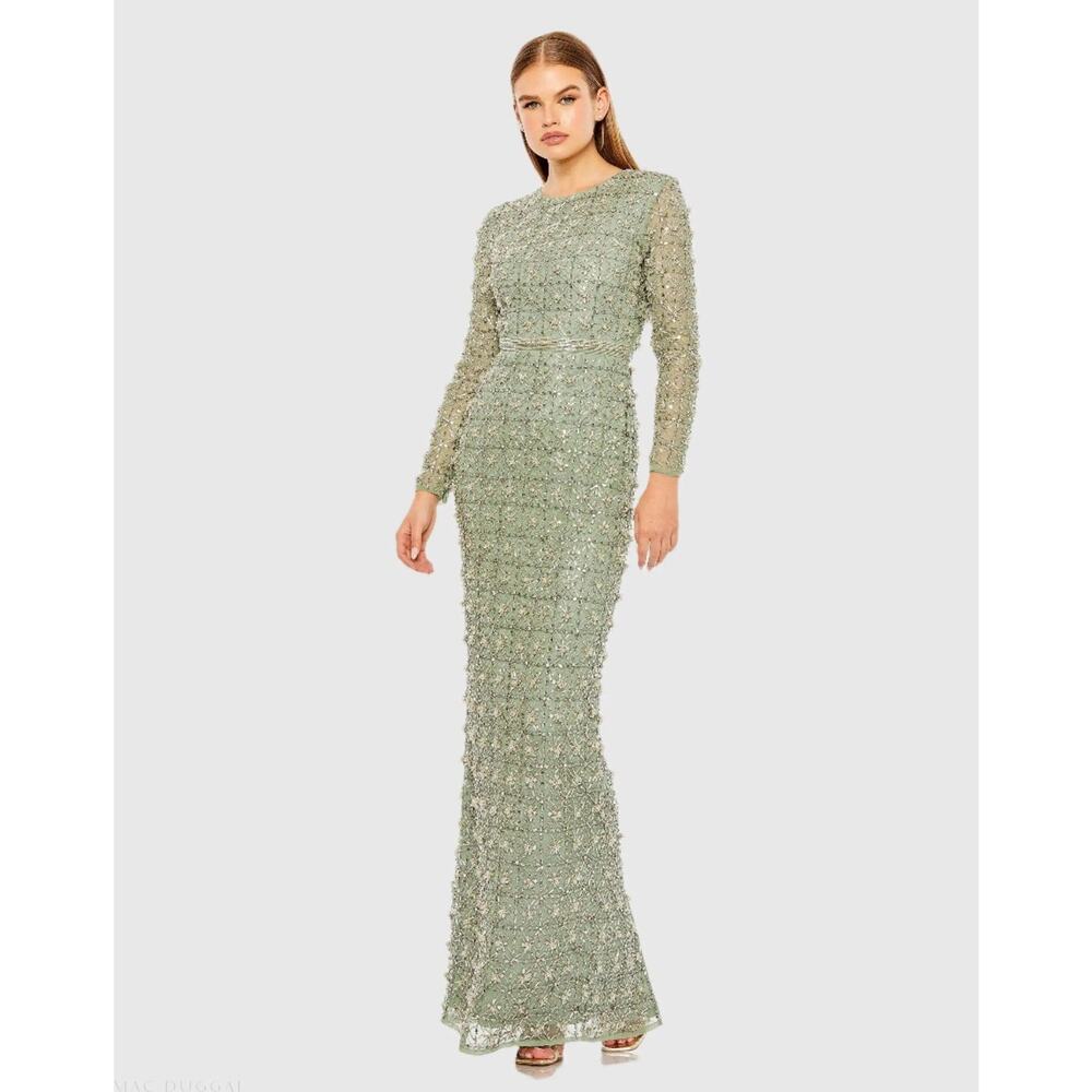 MAC DUGGAL 93827 Long Sleeve High Neck Beaded Maxi Gown Size 14 Jade NWT $998